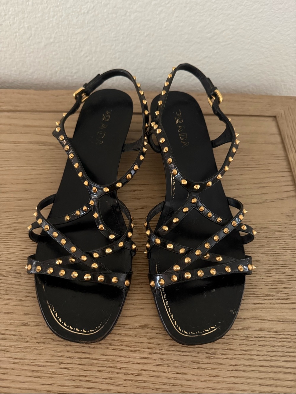 Prada Black Leather Studded Strappy Sandals with Gold Studs